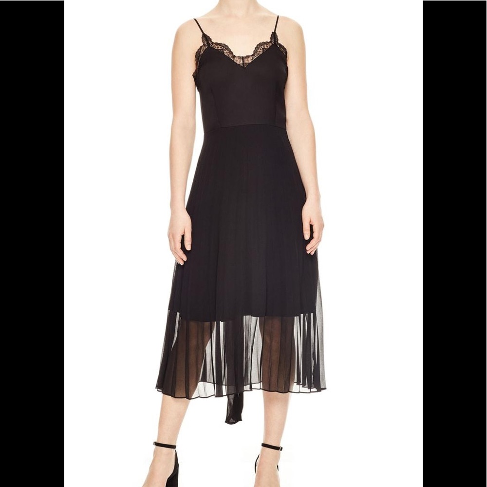 SANDRO Pleated Chiffon Overlay Dress In Noir